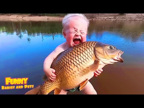 CRAZY BABY Vs FISH ! Funny Baby Shocked with Fish Everywhere - Funny Baby and Pets Videos